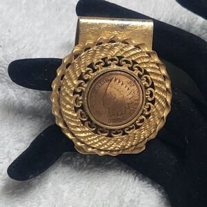 Vintage 1904 Indian Head Penny Money Clip Gold Tone Rope Bezel Textured Mens